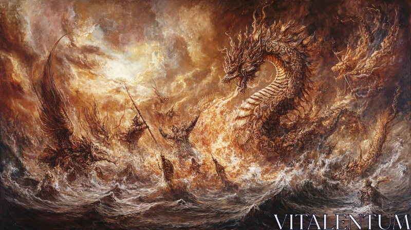 Fiery Dragon vs. Warriors in Stormy Sea AI Image