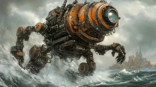 Giant Steampunk Robot in the Ocean