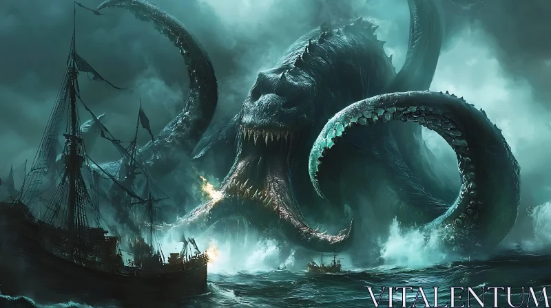 Colossal Sea Monster Attacks Ship AI Image