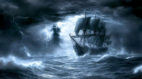 Ghost Ship Battling a Fierce Ocean Storm