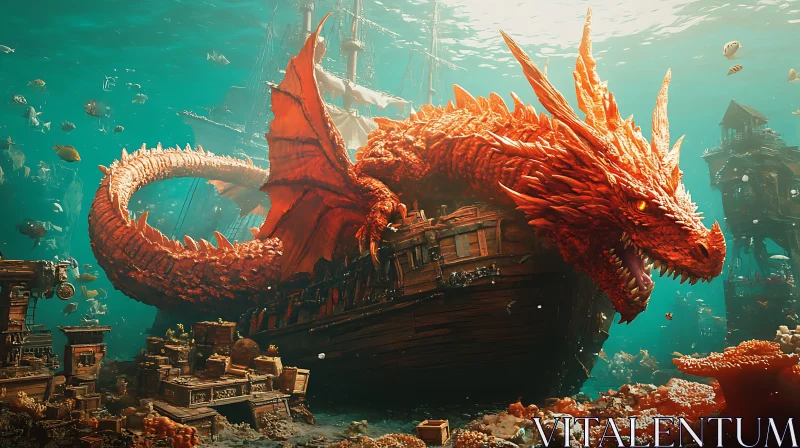 Giant Red Dragon Amongst Underwater Shipwrecks AI Image