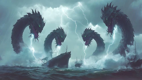 Giant Krakens Amidst Thunderstorm and Raging Seas