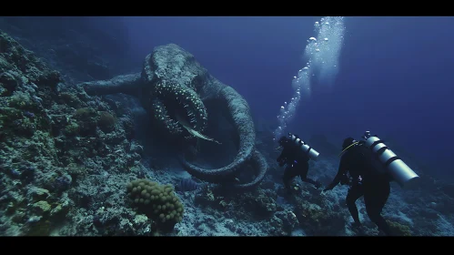 Divers Facing a Monstrous Sea Beast