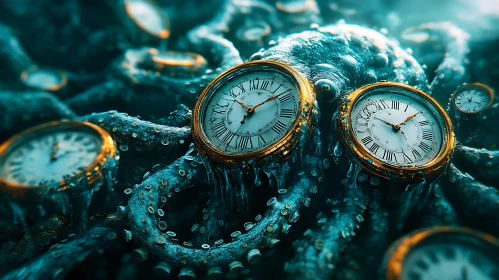 Intertwined Clocks and Octopus in Surreal Artwork