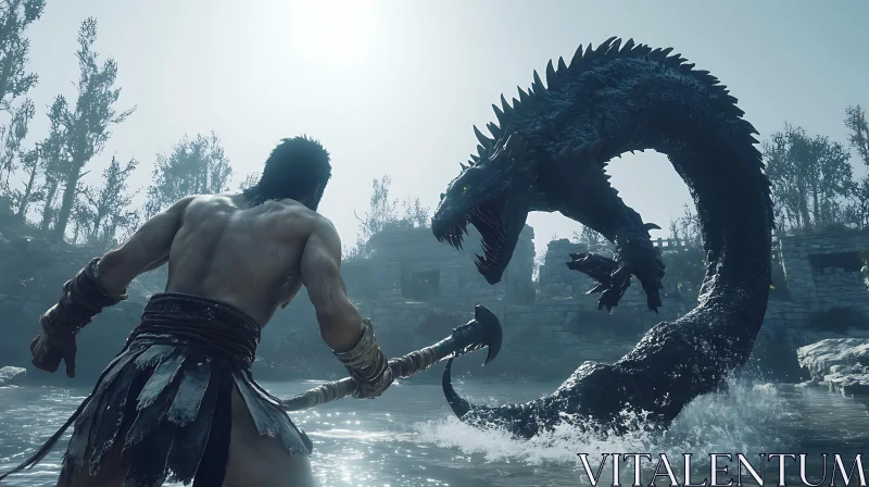 Warrior vs. Mythical Dragon in Ancient Ruins AI Image