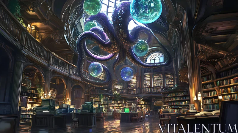 Surreal Octopus in a Grand Library AI Image