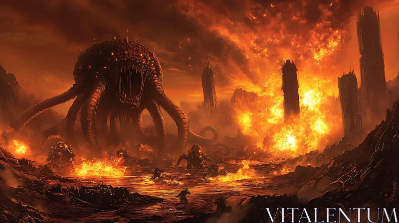 Giant Tentacled Beast in Fiery Destruction AI Image