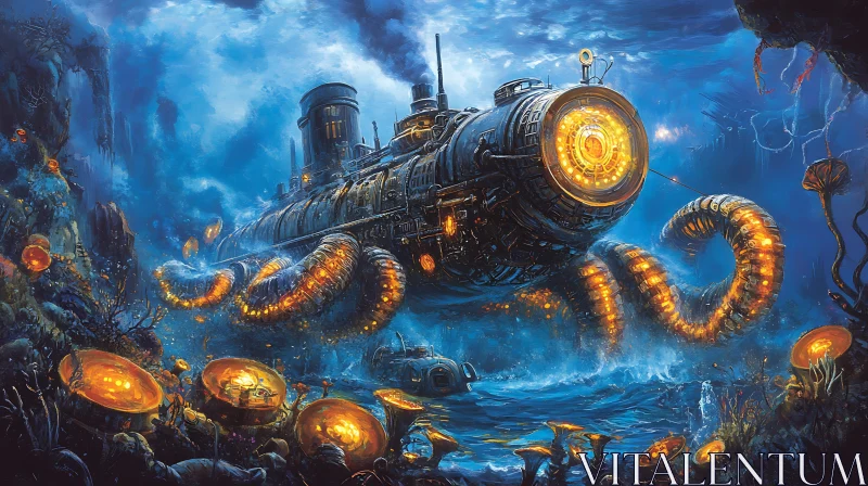 Futuristic Submarine with Glowing Orbs and Tentacles AI Image