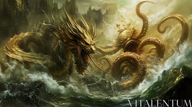 Mythical Battle of Dragon vs Kraken AI Image