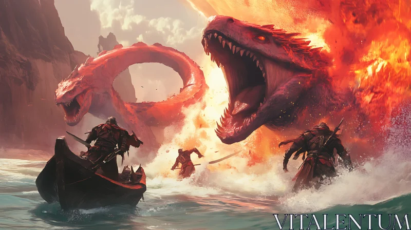 Warriors Fighting a Fiery Dragon in Turbulent Waters AI Image