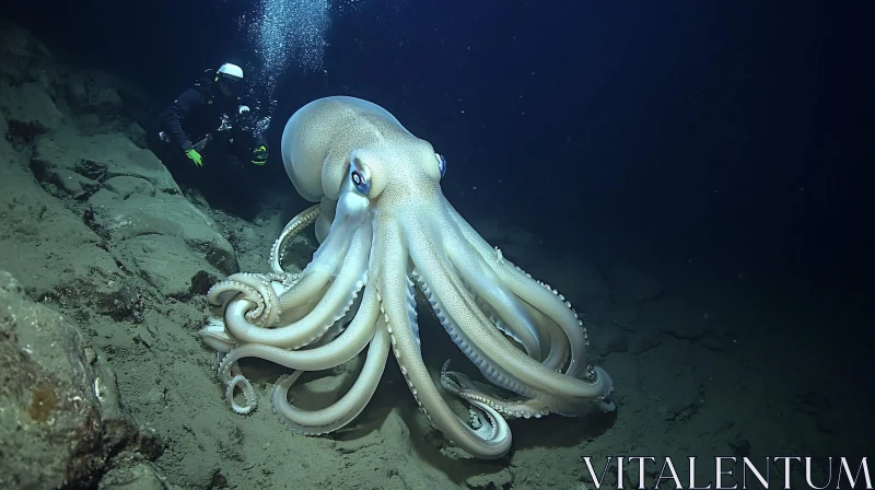 Enigmatic Deep Sea Octopus and Diver Interaction AI Image