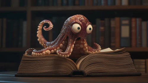 Cartoon Octopus on an Open Book in a Library