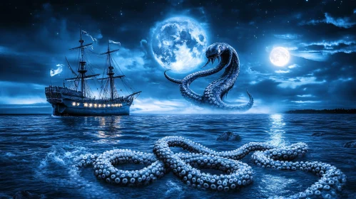 Enigmatic Night Sea Monster and Ship