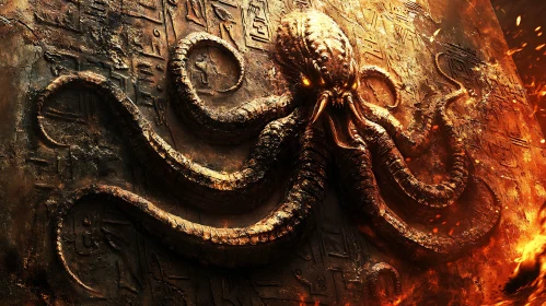 Fiery Ancient Octopus Engraving