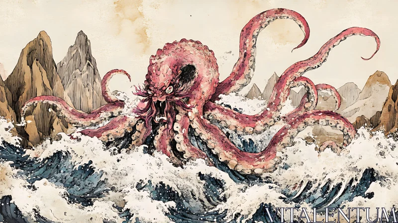 Giant Pink Kraken in Stormy Sea AI Image