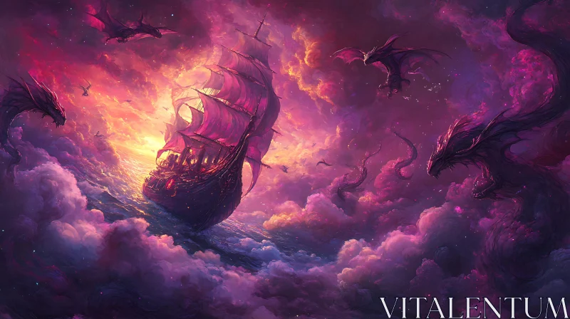 Fantasy Ship and Dragons in a Cloudy Sky