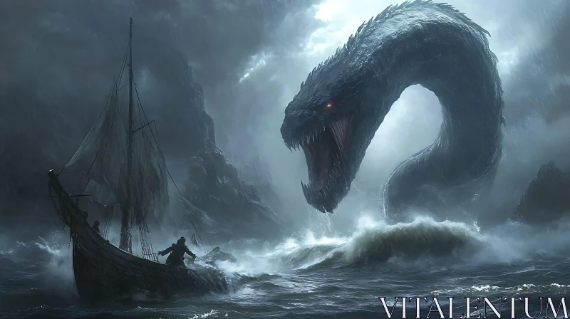 Ship Confronts Kraken in Thunderstorm AI Image