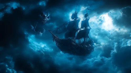 Haunting Night Scene with Ghostly Pirate Ship and Skull