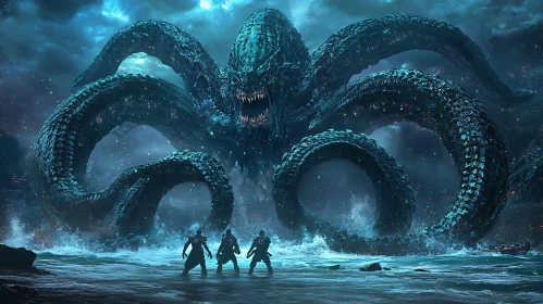 Giant Sea Monster with Tentacles at Night