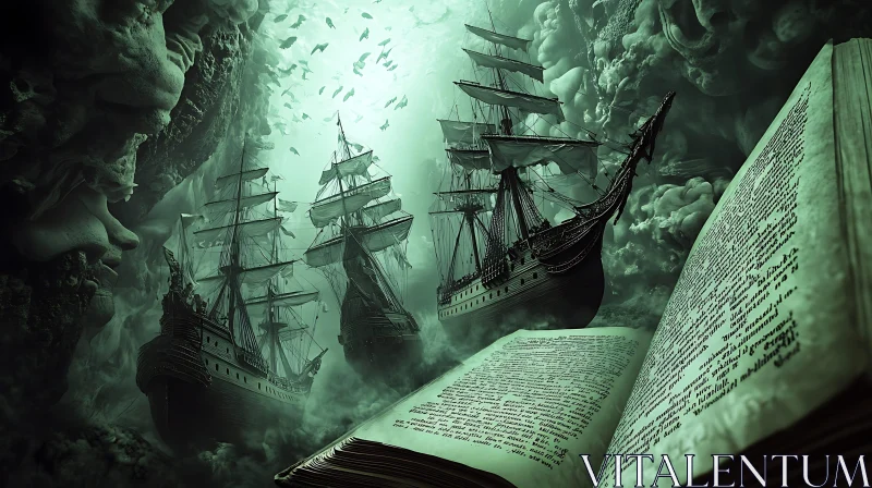 Fantasy Ships Emerging From Book AI Image