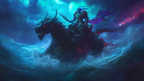 Hero on Dragon in Stormy Seas Artwork