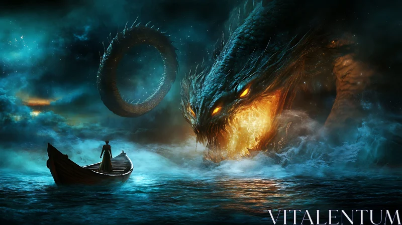 Mythical Dragon and Boat Scene at Sea AI Image