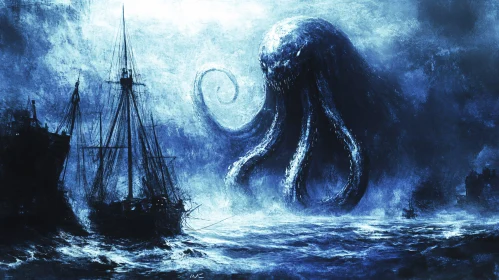 Stormy Sea with Kraken and Ship