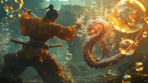 Underwater Clash: Samurai Against the Octopus