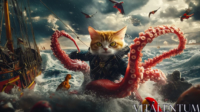 Majestic Cat-Topus in Turbulent Sea with Pirate Ship AI Image