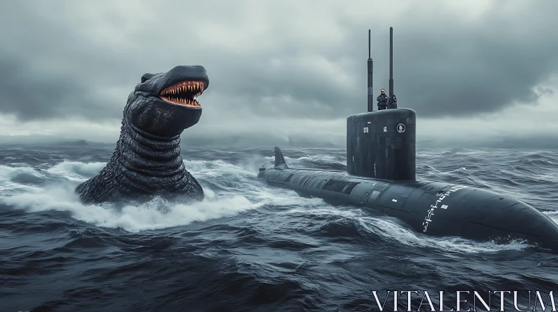 Giant Sea Monster vs. Submarine AI Image