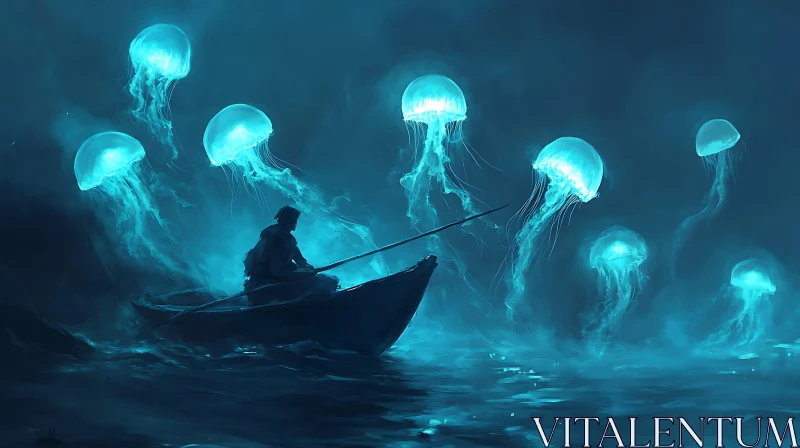 Luminous Jellyfish and Fisherman AI Image