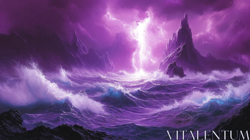 Dramatic Ocean Storm with Purple Sky and Mountains AI Image