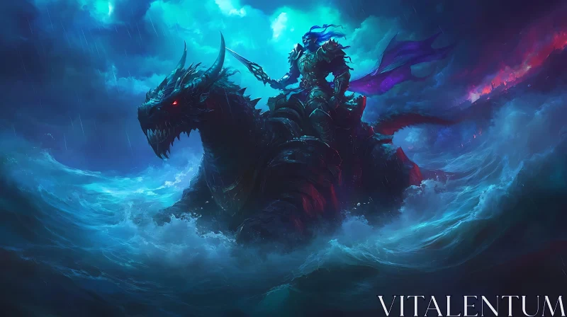 Hero on Dragon in Stormy Seas Artwork AI Image