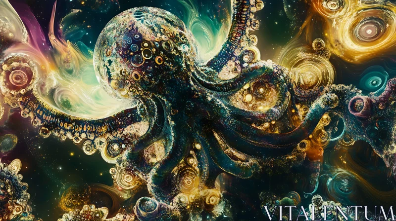 Abstract Octopus in a Swirling Cosmic Space AI Image