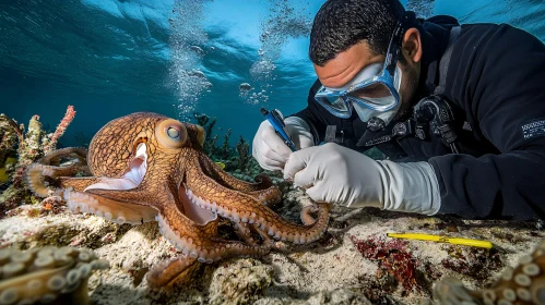 Diver and Octopus in Underwater Coral Ecosystem