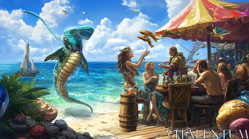 Lively Coastal Celebration with Mythical Marine Life AI Image