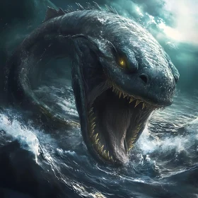 Colossal Sea Beast with Glowing Eyes in Stormy Waters