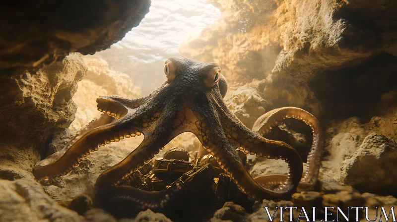 Marine Octopus with Treasure in an Underwater Cave AI Image