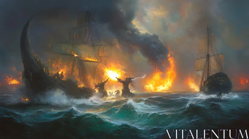 AI ART Fierce Ship Battle Amidst Blazing Flames