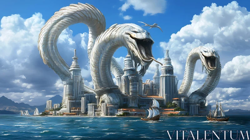 Fantasy City with Mythical Sea Serpent AI Image