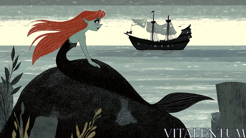 Mermaid Illustration with Ship in Distance AI Image