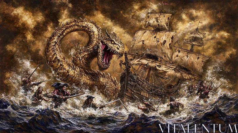 Pirate Ship vs Golden Dragon in Stormy Waters AI Image