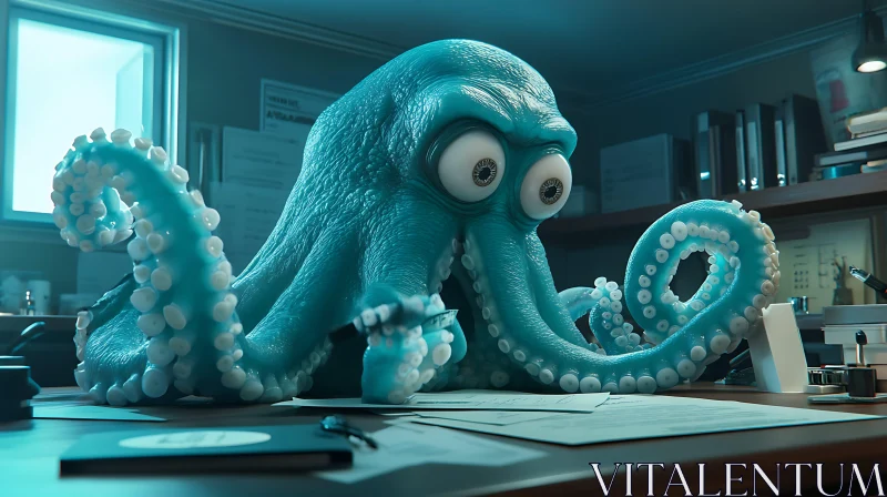 AI ART Blue Octopus Working at Office Desk