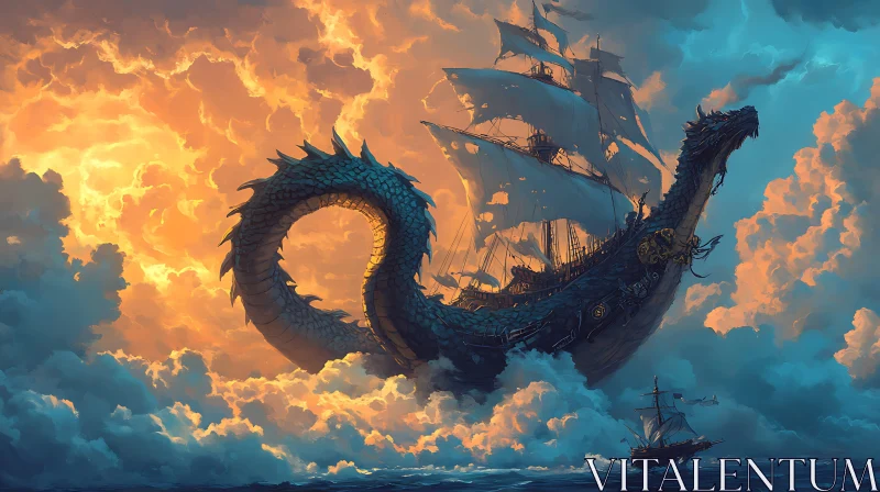 Dragon Ship in Cloudy Fantasy Sunset