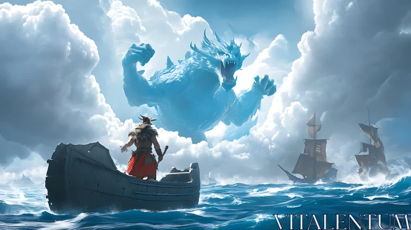 Warrior Faces Giant Sea Beast in Fantasy Adventure