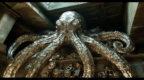 Giant Octopus Sculpture in an Ancient Treasure Room
