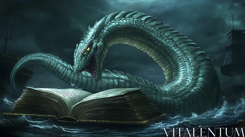 Serpentine Dragon with Ancient Book Amidst a Stormy Sea AI Image