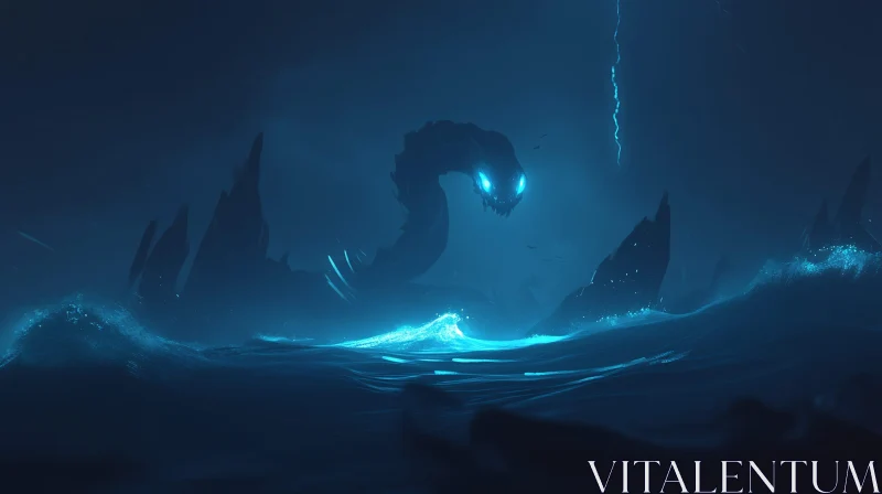 Glowing Sea Monster at Night AI Image