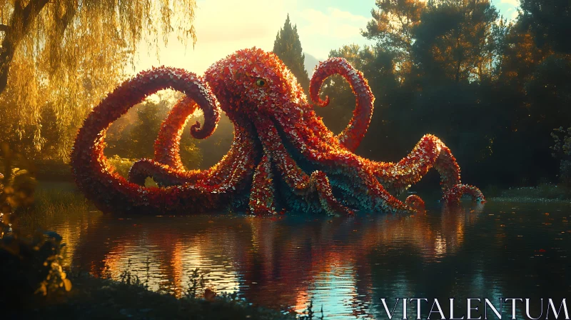 Floral Octopus in a Sunset Scene AI Image