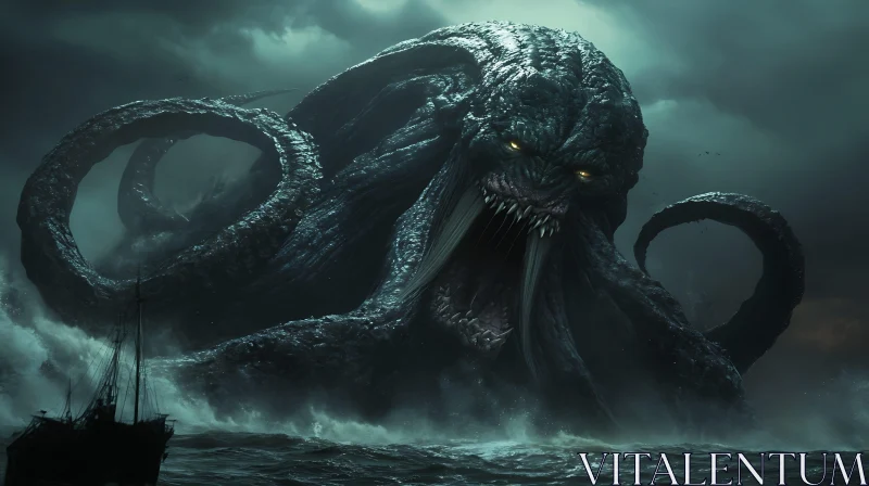 Giant Sea Monster with Tentacles in Turbulent Waters AI Image